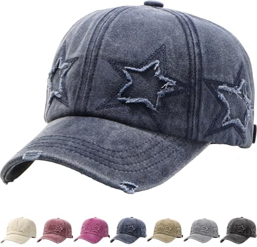Image of LXOrdora Retro Baseball Cap Star Embroidery Washed Cotton Hats Navy