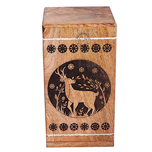 Image of Handcrafted Floral Engraved Wooden Urns for Human Ashes Adult Large - Buck Deer Cremation Urn for Ashes - Burial Urn for Columbarium - Funeral Urn Box (250 LB - Hardwood, Design-1)