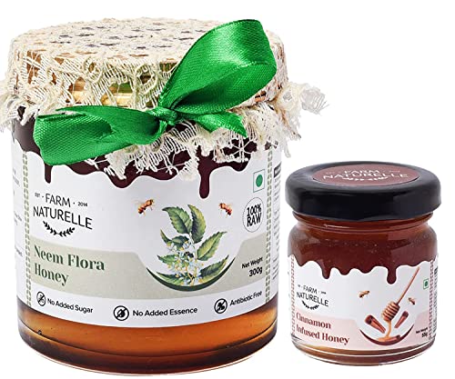 Image of Farm Naturelle Neem Forest Flower Wild Honey 300gm + 55gm Cinnamon Honey|100% Pure Honey | Raw & Unfiltered|Unprocessed|Lab Tested Honey In Glass Jar with Engraved Virgin Wooden Spoon