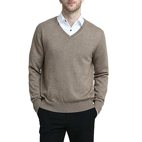 Kallspin Men’s Cashmere Wool Blend Relax Fit V Neck Pullover Sweater (Coffee, Medium)