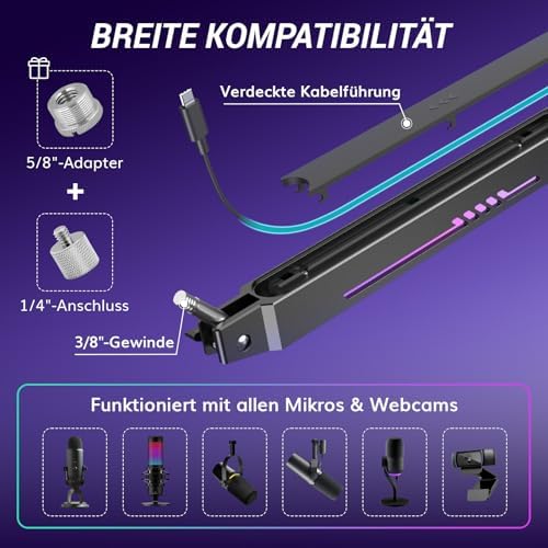Bild 2 - TONOR RGB Gaming Mikrofon Arm, Low Profile Mikrofonarm mit einstellbar RGB-Lichteffekt, Boom Arm mit Kabelmanagement, Kompatibel mit HyperX Quadcast, Blue Yeti, für Streaming, Studio, T90LP