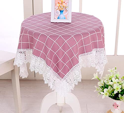 Nappe rectangulaire grille rose 150x150 cm en coton pour table basse et meuble