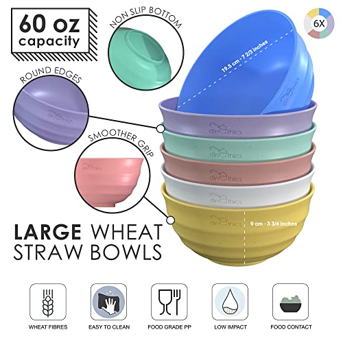 Dinethics 60 Oz 6 Big Bowl Set - Wheat Straw Bowls - Unbreakable Microwave Safe Bowls - Large Cereal Bowl - Salad Bowls Large Serving Bowls For Kitchen -Bowls For Family Movie Night (Coral) #TOP1