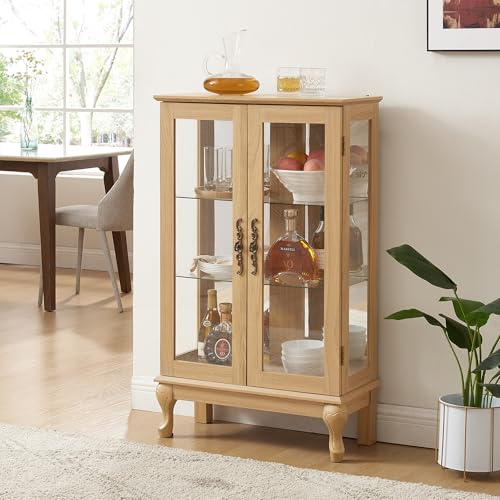 Image of 43 inch H Lighted Curio Cabinet Display Case, Glass Curio Cabinet with Adjustable Shelves & Tempered Glass Door, Wooden Cabinets with Mirrored Back Pane for Living Room (Light Oak)