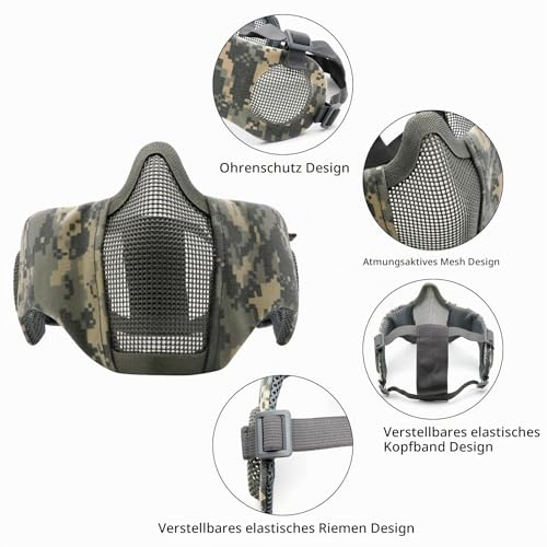Yzpacc Airsoft Half Face Maske mit Brille Hut Set Taktische Masken Full Face Paintball Maske Ohrenschutz Baseball Cap für CS Halloween und Cosplay Spiel