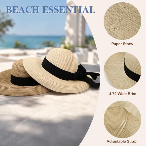 Image of Surblue Women's Beach Straw Hat, Wide Brim Sun Hat with Black Bow
