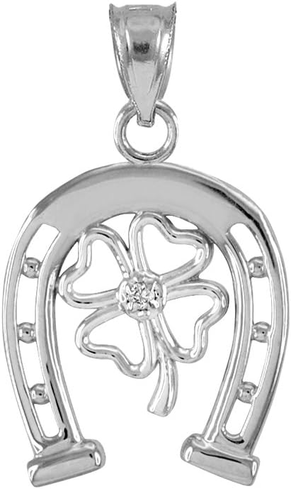 14k White Gold Lucky Horseshoe with Irish 4-Leaf Clover Diamond Pendant