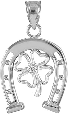 14k White Gold Lucky Horseshoe with Irish 4-Leaf Clover Diamond Pendant