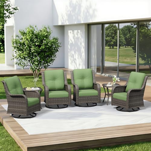 Image of 6 Piece Outdoor Wicker Patio Furniture Set, Outdoor Swivel Rocker Patio Chairs Set with Thickened Olefin Cushions, High Back and Deep Seating, Hand-Woven PE Rattan for Porch, Deck