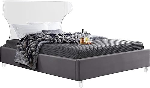 Meridian Furniture Colección Ghost Modern | Cama tapizada de terciopelo contemporánea con cabecera y patas acrílicas, tamaño matrimonial, color gris