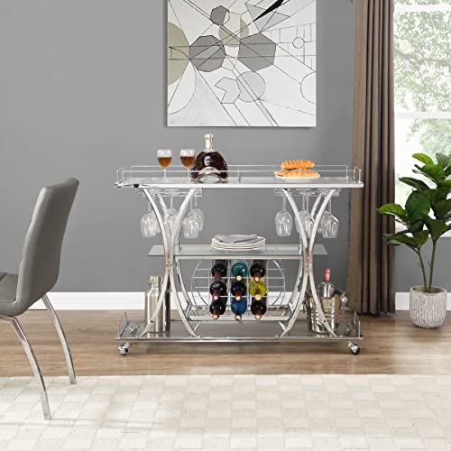 Lefhda Glass Silver Bar Cart With Wine Rack&Glass Holder, Mobile Kitchen Serving Cart With Wheels&Storage, Modern Kitchen Trolley With 3-Tier Shelves&Metal Frame #TOP2
