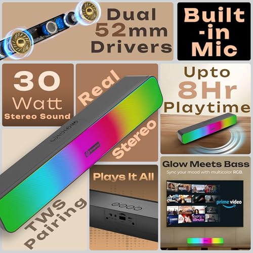 Image of Boom Flash 20W Soundbar with Upto 8Hrs Non-Stop Music, Sound Bar for Television and Multiple Compatibility Modes, Deep Bass, Powerful Sound - Visibing Black