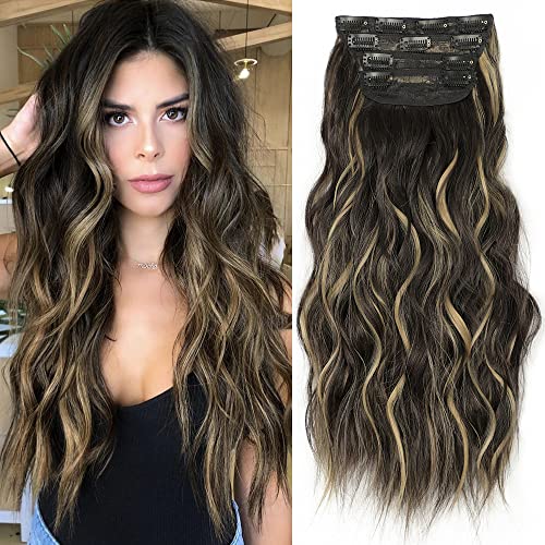 ALXNAN Clip in Long Wavy Synthetic Hair Extension 4PCS Thick Hairpieces Fiber Double Weft Hair for Women … (20 Inch, Natural Black to Light Blonde)