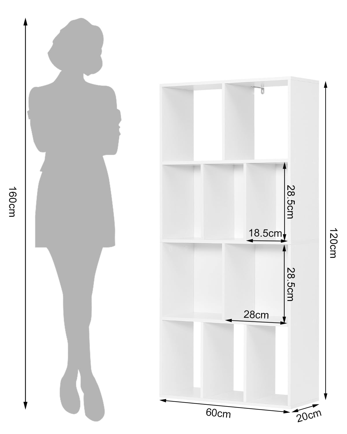 WOLTU Scaffale da Soggiorno a 4 Ripiani, Libreria in Legno Salvaspazio | con 10 Cubi Portaoggetti, Mobile Multiuso Moderno Bianco, per Studio, Camera da Letto, Cucina, Ufficio, 60x20x120 cm