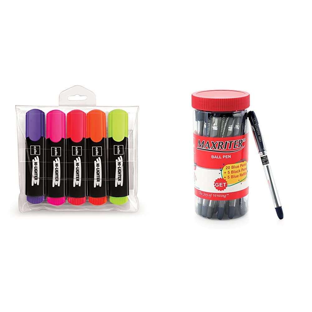 Cello Hi-Lighter(Pack Of 5, Vivid Colors - Yellow, Pink, Peach, Orange And Purple)| Easily Applica & Cello Maxriter Ball Pens(Jar With 20 Blue Pens + 5 Black Pens + 5 Blue Refills)| Lightweight Ball
