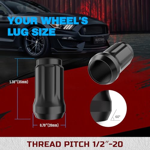 Image of JiiinMiiin 1 /2x20 Lug Nuts Black with 6 Spline Tuner, 1 /2 inch-20 Locking Lug Nut with 1 Socket Key 60 Degree Conical /Cone Bulge Seat, Fits Dodge Jeep Ford Lincoln. 20PACK