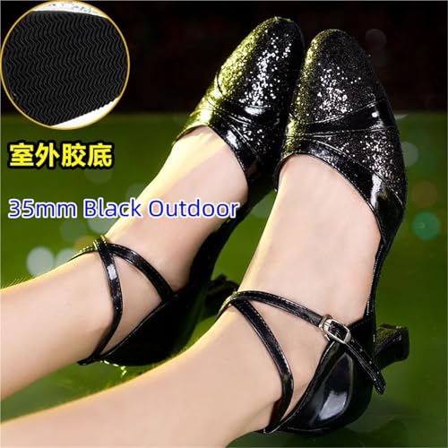 Women'S Latin Dance Shoes Latin Dance Shoes For Women Sequin Adult Female Sandals Soft Sole Indoor Ballroom Tango Shoe Closed Toe Salsa Dancing Shoes For Latin, Salsa, Samba, Chacha(35mm Black Outdoor2