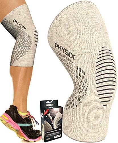 Physix Gear Knee Support Brace - Premium Recovery & Compression Sleeve For Meniscus Tear, ACL, MCL Running & Arthritis - Best Neoprene Stabilizer Wrap for Crossfit, Squats & Workouts -Single Beige XL