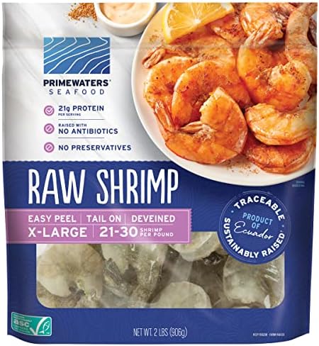 PrimeWaters Frozen Extra Large Raw Shrimp, Shell On Easy Peel Deveined Tail On, Sustainably Sourced Seafood from Ecuador, No Antibiotics or Added Preservatives, 21-30 Count/Pound, 2 lbs. (Pack of 1)