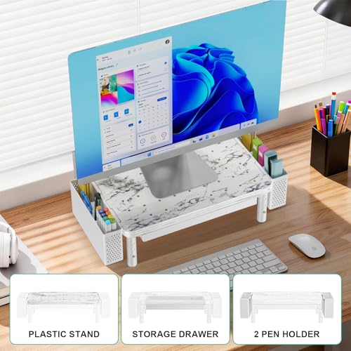 Image of WALI Computer Monitor Stand with Storage, Desk Organizer with Drawer and Pen Holder, Desk Monitor Riser 3 Height Adjustable, Laptop Riser for Computer, Laptop, Printer(PTT003-M), 1 Pack, Marble