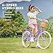 Glerc 26 Inch Beach Cruiser Bike, 6-Speed Hybrid City Bicycle for Girls Youth and Over 6 Years Old, Missy Bike with Wicker Basket & Lightweight, Purple