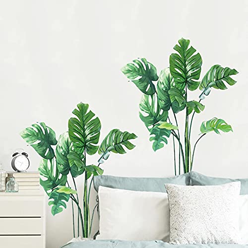 Monstera Leaf Wall Decals 2 Pcs Palm Leaves Wall Stickers For Living Room, Green Tropical Plants Wall Decor Posters Vibrant Jungle Leaves Wallpaper For Bedroom Nursery #TOP3