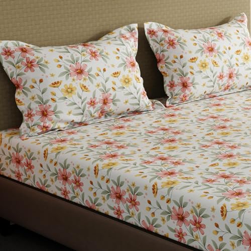 Image of Layers 100% Cotton Fitted Sheet for King Size Bed | Lumina Floret Collection | 144 TC Soft & Breathable | Floral Print with 2 Pillow Covers | Wrinkle Free & Colorfast | 3 Pc Bedding Set - Multicolor