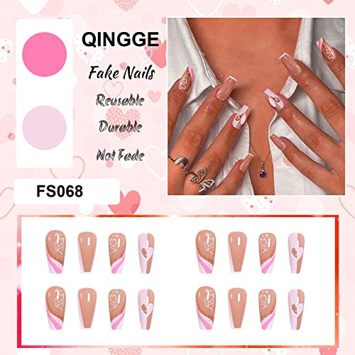 Qingge Pink Press On Nails Medium Glossy French Tip Heart Fake Nails False Nails With Glue On Nails Stiletto Stick On Nails Acrylic Nails For Women Valentine's Day #TOP2