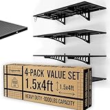 Cuguords 4-Pack 1.5x4ft Wall Storage Shelves, 1000 Lbs Garage Wall Shelf, Heavy Duty Floating Tool Rack with Complete Install Kit, Black