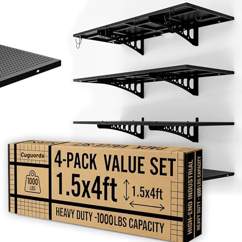 Cuguords 4-Pack 1.5x4ft Wall Storage Shelves, 1000 Lbs Garage Wall Shelf, Heavy Duty Floating Tool Rack with Complete Install Kit, Black