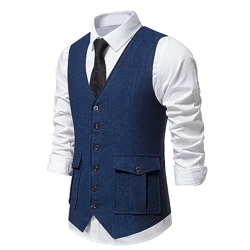 Zeiyignr Men's Herringbone Tweed Suit Vest Casual Wool Blend Waistcoat Single-breasted V Neck Business Formal Dress Vests4