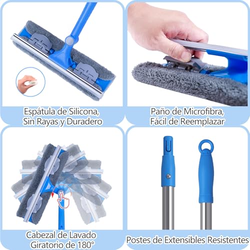 Mitclear 2 en 1 Limpiacristales con Mango Largo(475cm), Limpiador de Ventanas con Escobilla de Silicona y Paño de Microfibra, Kit de Limpieza de Ventanas para Coche, Ventanas Altas, Interior/Exterior - imagen 4