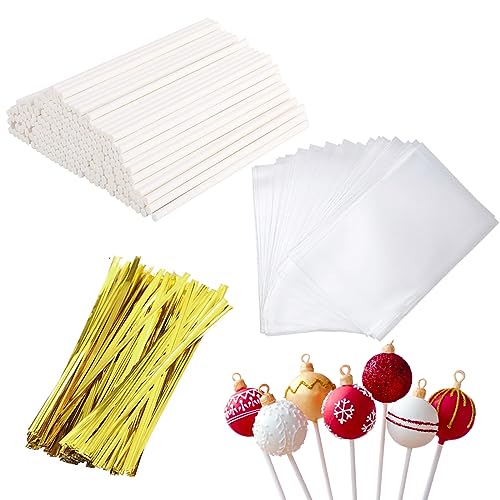 300 Piezas Juego de Palitos para Cake Pop, 100 Piezas 10 CM Palitos para Cake Pops,100 Piezas Bolsas para Paquetes 100 Piezas Ataduras, para Cakepop, Lollipop, Chocolate