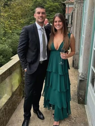 BANTRATIC Tiered Bridesmaid Dress for Women Ruffle Deep V-Neck Empire Long Chiffon Formal Wedding Guest Evening Prom Gown3