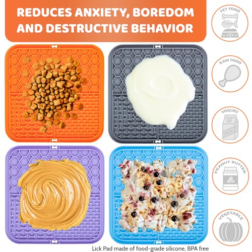Aileem 4 Stück Leckmatte Hund, Schleckmatte Hund für Welpen Katze mit Saugnapf - Slow Feeder Hunde Leckmatte für Haustier Baden & Fellpflege, mit Silikonspatel + Bürste
