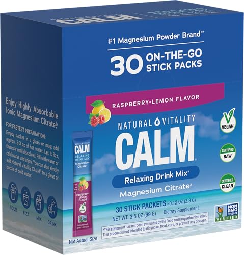 Natural Vitality Calm, Magnesium Citrate Supplement, Anti-Stress Drink Mix Powder - Gluten Free, Vegan, & Non-GMO, Raspberry Lemon, 0.12 oz, 30 Packets