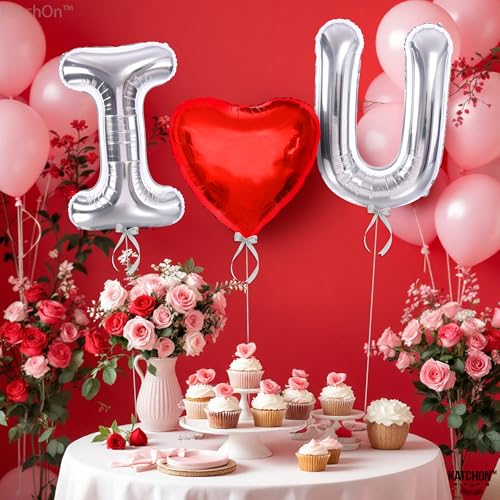 Image of KatchOn, Silver I Love You Balloons for Him- Big 40 Inch | Red Heart Anniversary Day Decorations | Love Balloons for Romantic Night | Red Heart Balloons | Valentines Day Decorations | Valentines Decor