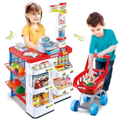 Image of Kids Supermarket Shopping Cart Toy Set, Age 3+ Years | Cash Register, Scanner, Basket, Pretend Grocery Food Accessories, Lights & Sounds