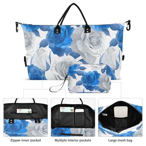 Flower Travel Duffle Bag Gym Bag, Retro Blue and White Roses Weekender Bags for Women with Toiletry Bag Travel Tote Bag Swim Bag2