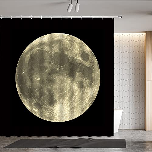 Wuasdcs Full Moon Shower Curtain Mysterious Gray Planet Black Background Bath Decor Polyester With Hook #TOP5