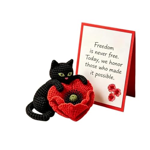 Image of Hamai Handmade Crochet Black Cat with Poppy Memorial Day Sentimental Crochet Gifts for Veterans & Craft Lovers Patriotic Remembrance Figurine for Fallen Heroes (C)