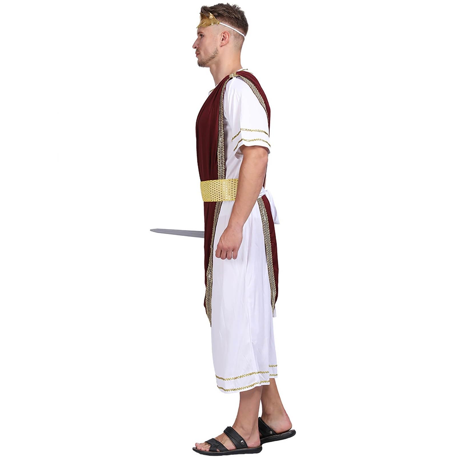 Men's Roman Senator Costume, Classic Ancient Greek Toga Outfit with Red Sash & Gold Trim - Image 3