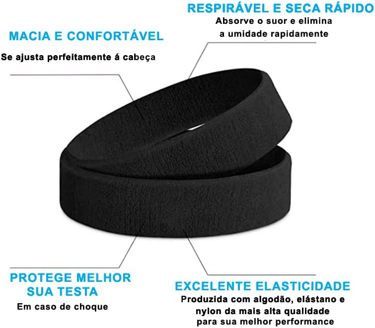 Faixa Unissex Esportiva Testeira Atoalhada Preta Alta Absorção de Suor