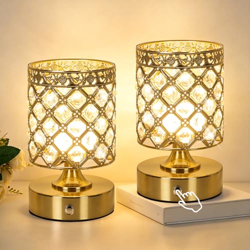 TOBUSA Gold Small Crystal Rechargeable Cordless Table Lamps Set of 2