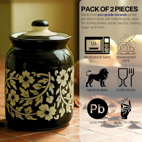 Image of Floral Black Ceramic Handglazed Pickle Jars Set of 2-1000 ML Each | 1 kg Achaar Martban Barni Jar with Lid | Ceramic Storage Jar Container Pickle /Achar, Chatney, Sugar