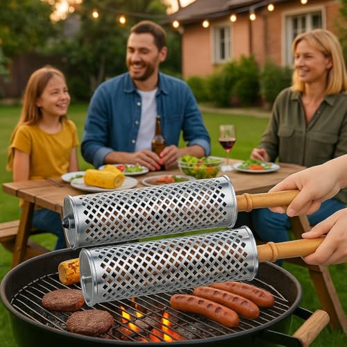 Nesting Grill Net Baskets (2PCS), Removable Wooden Handle, 304 Stainless Steel, Rolling Grilling Baskets,BBQ Accessories Tools for Veggies/Shrimp/Meat, Outdoor Cooking Camping, Gifts for Men,Dad