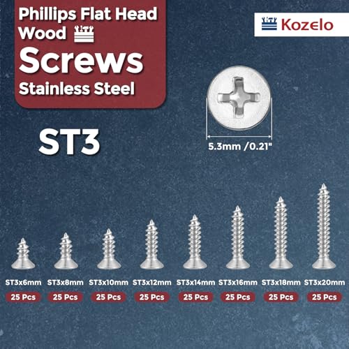 200pcs ST3 Phillips Flat Head Wood Screws 304 Stainless Steel miniatura 2