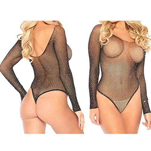 Sexy Lingerie Mulheres Rhinestone Design de malha Jumpsuit Bodysuit Erótico Pijamas