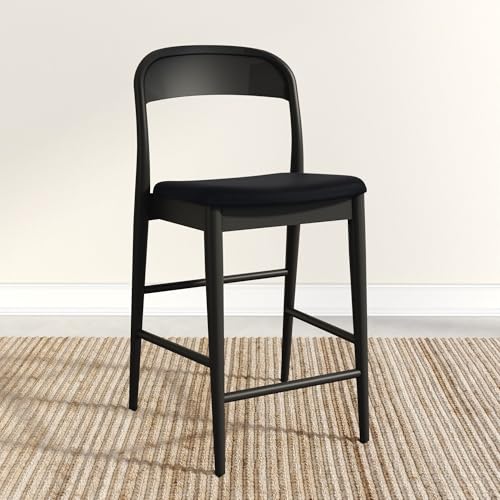 Image of Plank+Beam Loar Upholstered Counter Stool, Solid Rubberwood, Mid-Century Modern Kitchen Bar Chair, Curved Back, Low-VOC Finish, Counter Height Seating, Black /Black