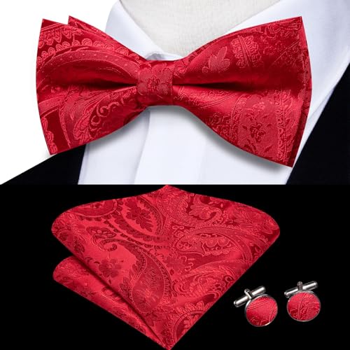 Image of Hi-Tie Bow Tie Men Pre Tied Bowtie Pocket Square Cufflinks Lapel Pin Formal Wedding Bow Ties for Men Party Tuxedo Bowtie Set,Red Paisley Floral